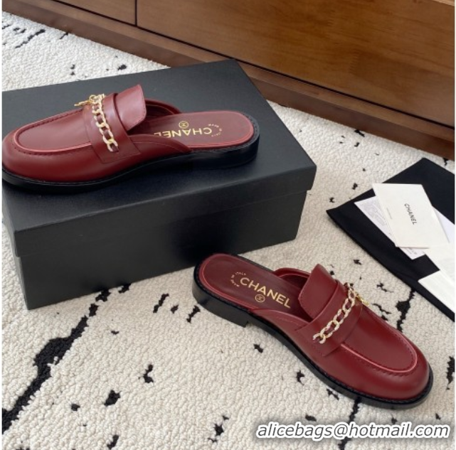 Original Cheap Chanel Shiny Lambskin Loafer Mules with Chain and Strass Red 2025 G46581