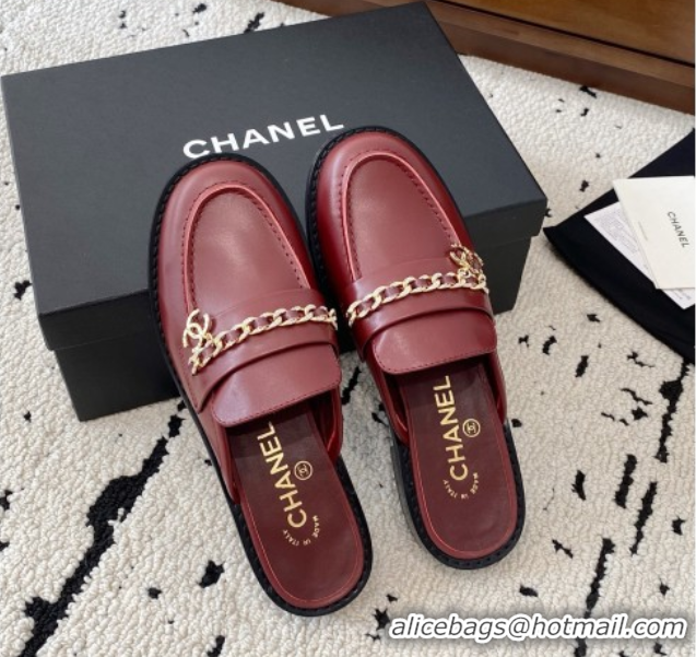 Original Cheap Chanel Shiny Lambskin Loafer Mules with Chain and Strass Red 2025 G46581