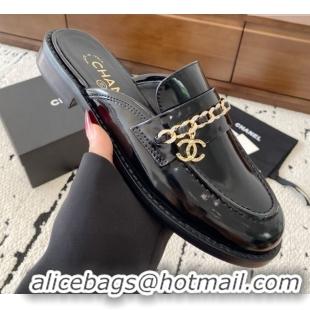 Sophisticated Chanel Patent Calfskin Loafer Mules with Chain and Strass Black 2025 G46581