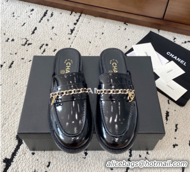 Sophisticated Chanel Patent Calfskin Loafer Mules with Chain and Strass Black 2025 G46581