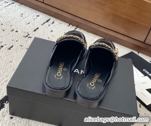 Sophisticated Chanel Patent Calfskin Loafer Mules with Chain and Strass Black 2025 G46581