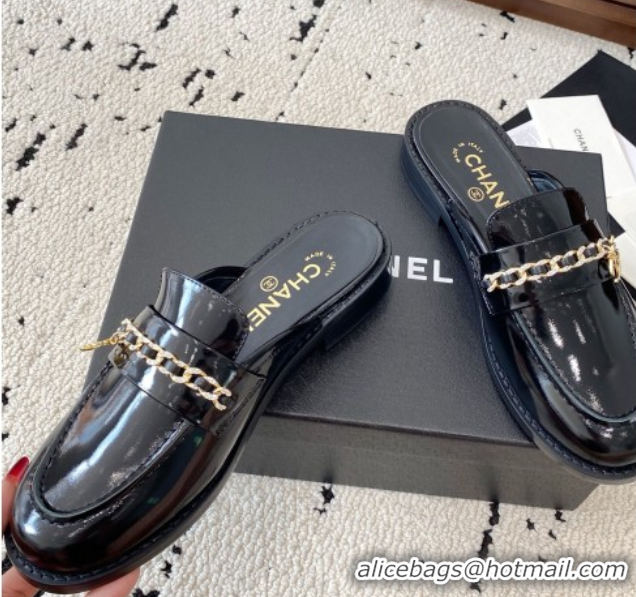 Sophisticated Chanel Patent Calfskin Loafer Mules with Chain and Strass Black 2025 G46581