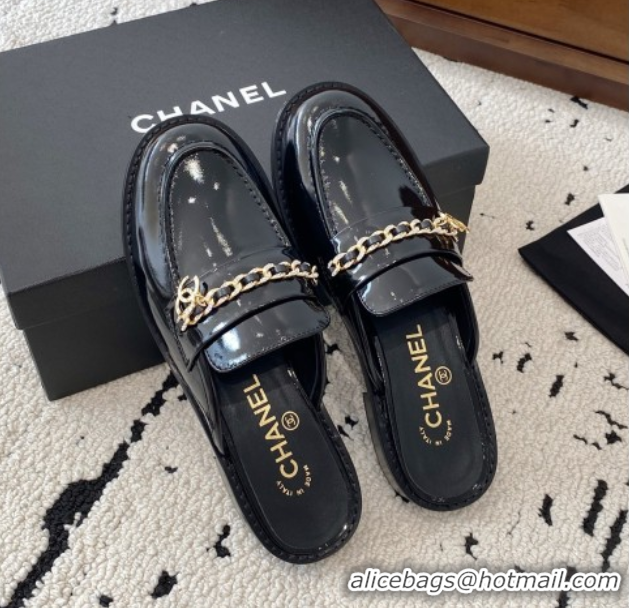 Sophisticated Chanel Patent Calfskin Loafer Mules with Chain and Strass Black 2025 G46581