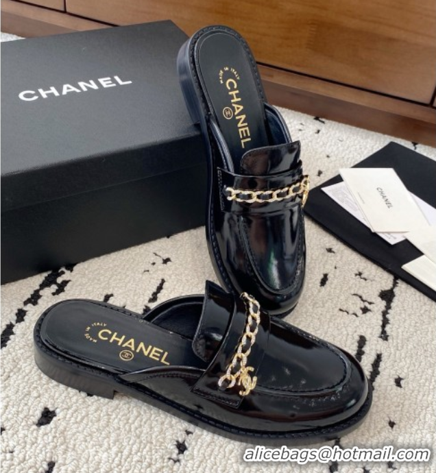 Sophisticated Chanel Patent Calfskin Loafer Mules with Chain and Strass Black 2025 G46581