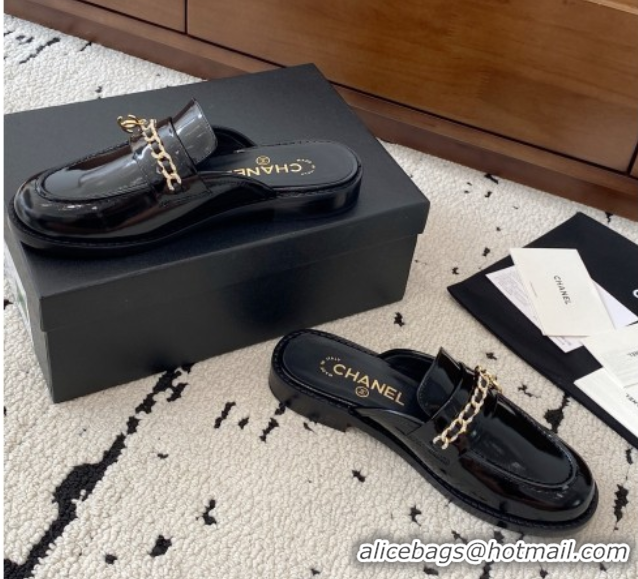 Sophisticated Chanel Patent Calfskin Loafer Mules with Chain and Strass Black 2025 G46581