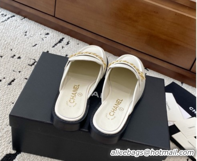 Hot Style Chanel Shiny Lambskin Loafer Mules with Chain and Strass White 2025 G46581