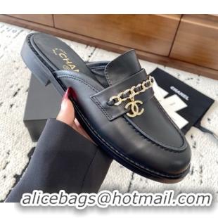 Sumptuous Chanel Shiny Lambskin Loafer Mules with Chain and Strass Black 2025 G46581