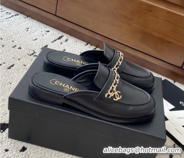 Sumptuous Chanel Shiny Lambskin Loafer Mules with Chain and Strass Black 2025 G46581
