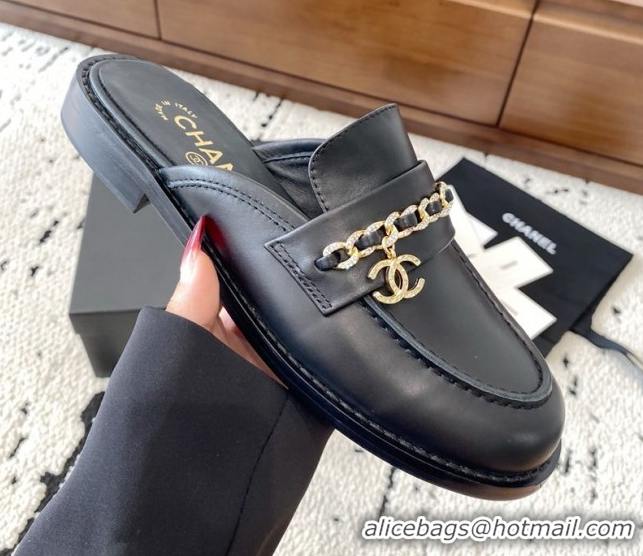 Sumptuous Chanel Shiny Lambskin Loafer Mules with Chain and Strass Black 2025 G46581