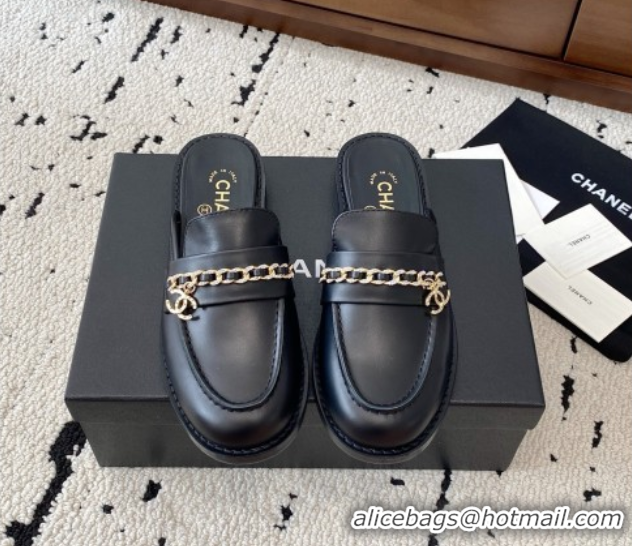 Sumptuous Chanel Shiny Lambskin Loafer Mules with Chain and Strass Black 2025 G46581