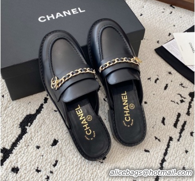 Sumptuous Chanel Shiny Lambskin Loafer Mules with Chain and Strass Black 2025 G46581