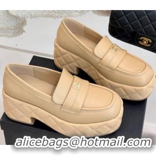 Duplicate Chanel Lambskin Platform Loafers 7.5cm Beige 2025 G46582