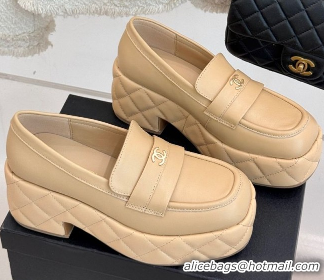 Duplicate Chanel Lambskin Platform Loafers 7.5cm Beige 2025 G46582