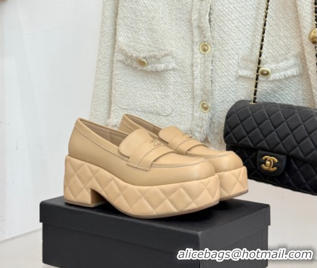 Duplicate Chanel Lambskin Platform Loafers 7.5cm Beige 2025 G46582
