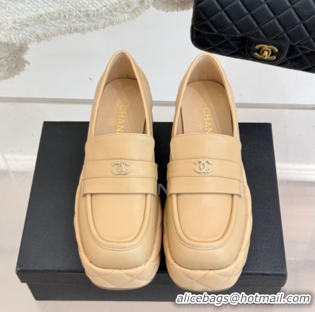 Duplicate Chanel Lambskin Platform Loafers 7.5cm Beige 2025 G46582