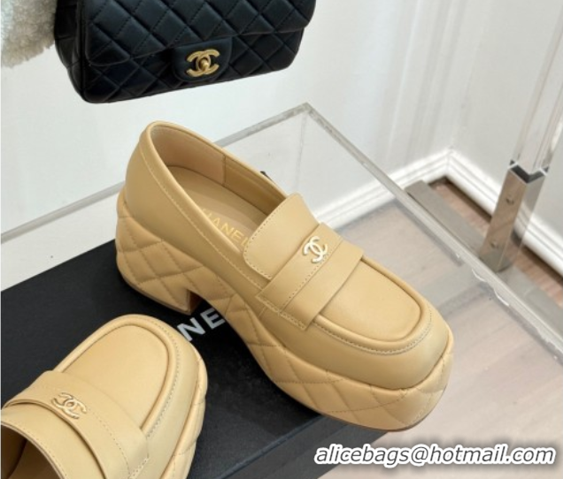 Duplicate Chanel Lambskin Platform Loafers 7.5cm Beige 2025 G46582