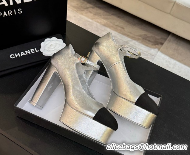 Stylish Chanel Laminated Leather & Grosgrain Platform Mary Janes Pumps 11cm with Strass Buckle Silver 2025 G46434