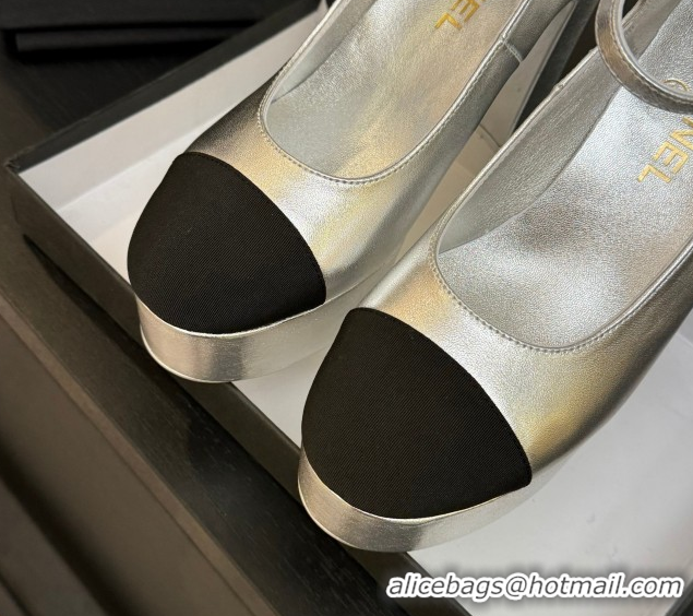 Stylish Chanel Laminated Leather & Grosgrain Platform Mary Janes Pumps 11cm with Strass Buckle Silver 2025 G46434