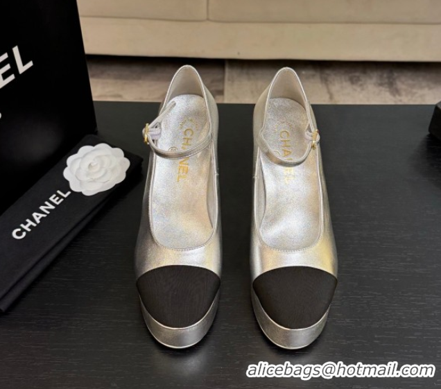 Stylish Chanel Laminated Leather & Grosgrain Platform Mary Janes Pumps 11cm with Strass Buckle Silver 2025 G46434