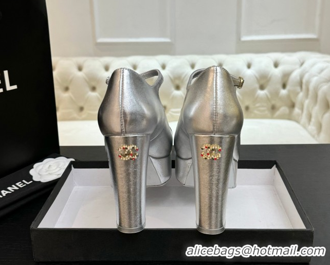 Stylish Chanel Laminated Leather & Grosgrain Platform Mary Janes Pumps 11cm with Strass Buckle Silver 2025 G46434