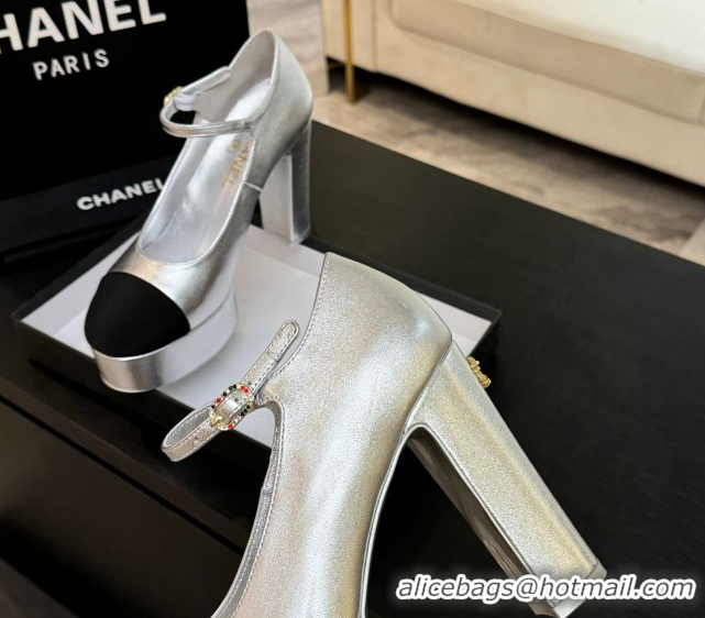 Stylish Chanel Laminated Leather & Grosgrain Platform Mary Janes Pumps 11cm with Strass Buckle Silver 2025 G46434