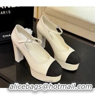 Durable Chanel Calfskin & Grosgrain Platform Mary Janes Pumps 11cm with Strass Buckle White 2025 G46434