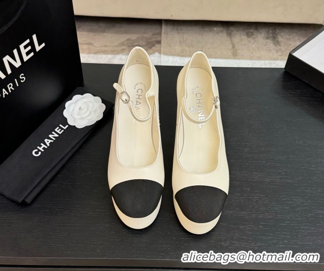 Durable Chanel Calfskin & Grosgrain Platform Mary Janes Pumps 11cm with Strass Buckle White 2025 G46434