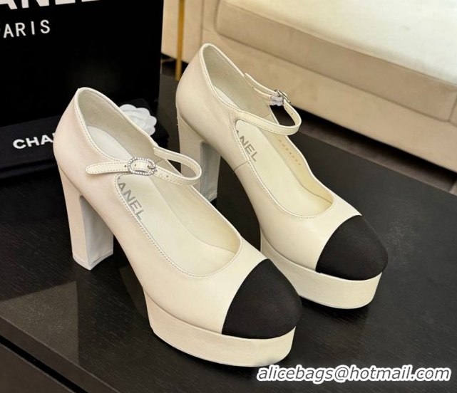 Durable Chanel Calfskin & Grosgrain Platform Mary Janes Pumps 11cm with Strass Buckle White 2025 G46434