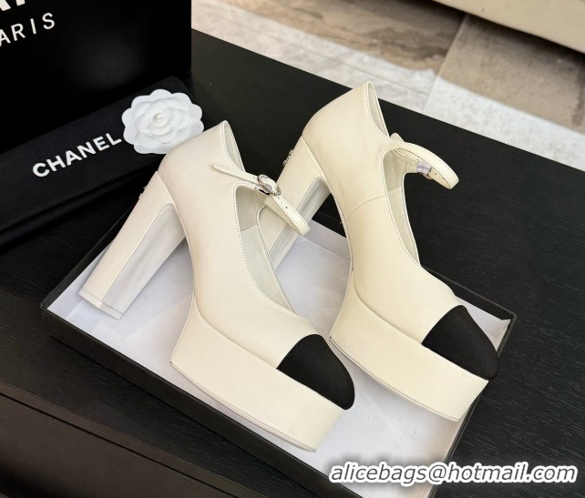 Durable Chanel Calfskin & Grosgrain Platform Mary Janes Pumps 11cm with Strass Buckle White 2025 G46434