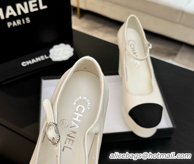 Durable Chanel Calfskin & Grosgrain Platform Mary Janes Pumps 11cm with Strass Buckle White 2025 G46434