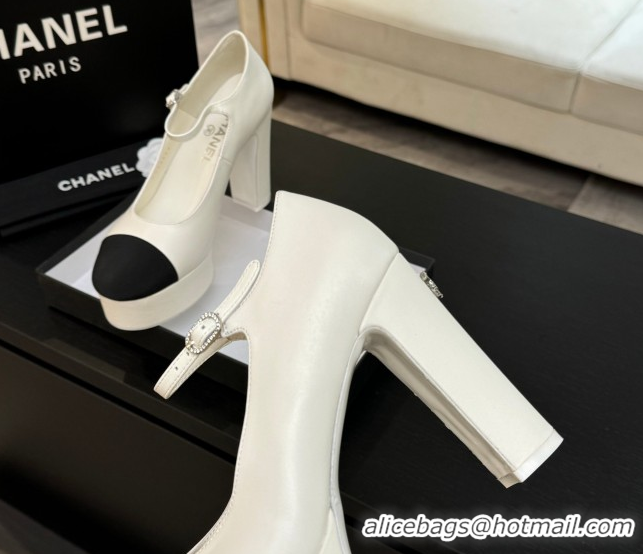 Durable Chanel Calfskin & Grosgrain Platform Mary Janes Pumps 11cm with Strass Buckle White 2025 G46434