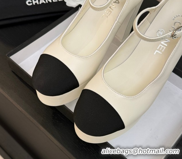 Durable Chanel Calfskin & Grosgrain Platform Mary Janes Pumps 11cm with Strass Buckle White 2025 G46434