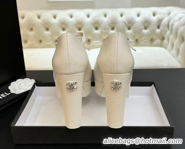 Durable Chanel Calfskin & Grosgrain Platform Mary Janes Pumps 11cm with Strass Buckle White 2025 G46434
