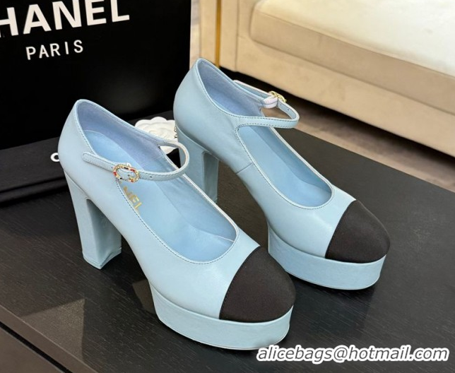 Shop Cheap Chanel Calfskin & Grosgrain Platform Mary Janes Pumps 11cm with Strass Buckle Light Blue 2025 G46434
