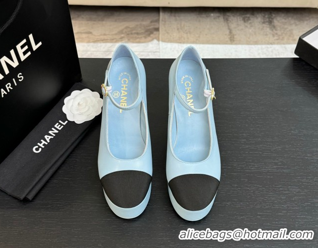 Shop Cheap Chanel Calfskin & Grosgrain Platform Mary Janes Pumps 11cm with Strass Buckle Light Blue 2025 G46434