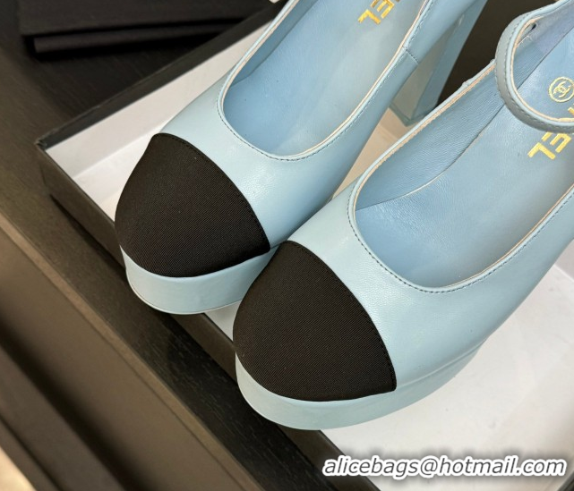 Shop Cheap Chanel Calfskin & Grosgrain Platform Mary Janes Pumps 11cm with Strass Buckle Light Blue 2025 G46434