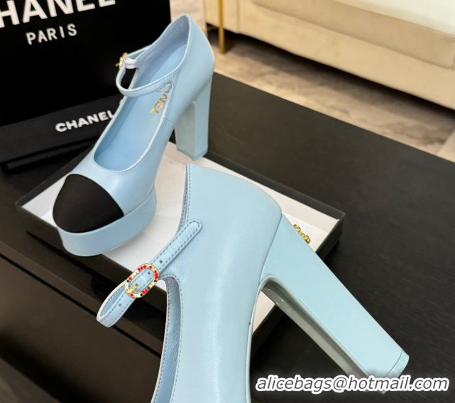 Shop Cheap Chanel Calfskin & Grosgrain Platform Mary Janes Pumps 11cm with Strass Buckle Light Blue 2025 G46434
