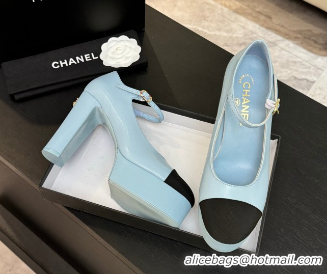 Shop Cheap Chanel Calfskin & Grosgrain Platform Mary Janes Pumps 11cm with Strass Buckle Light Blue 2025 G46434