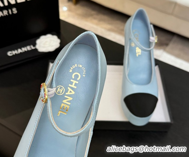 Shop Cheap Chanel Calfskin & Grosgrain Platform Mary Janes Pumps 11cm with Strass Buckle Light Blue 2025 G46434