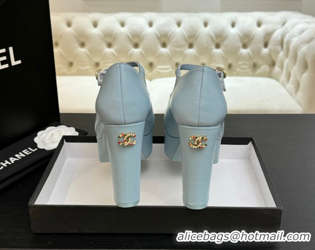 Shop Cheap Chanel Calfskin & Grosgrain Platform Mary Janes Pumps 11cm with Strass Buckle Light Blue 2025 G46434