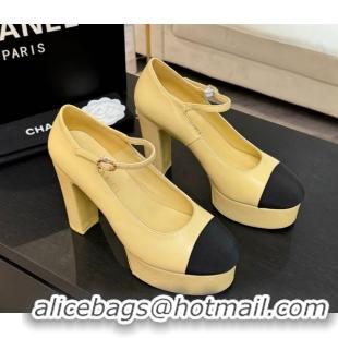 Buy New Cheap Chanel Calfskin & Grosgrain Platform Mary Janes Pumps 11cm with Strass Buckle Yellow 2025 G46434