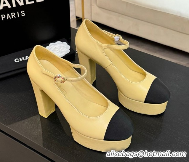 Buy New Cheap Chanel Calfskin & Grosgrain Platform Mary Janes Pumps 11cm with Strass Buckle Yellow 2025 G46434