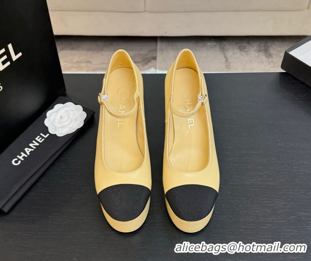 Buy New Cheap Chanel Calfskin & Grosgrain Platform Mary Janes Pumps 11cm with Strass Buckle Yellow 2025 G46434