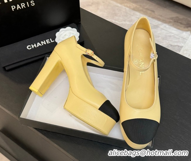 Buy New Cheap Chanel Calfskin & Grosgrain Platform Mary Janes Pumps 11cm with Strass Buckle Yellow 2025 G46434