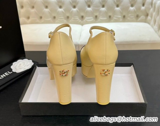Buy New Cheap Chanel Calfskin & Grosgrain Platform Mary Janes Pumps 11cm with Strass Buckle Yellow 2025 G46434