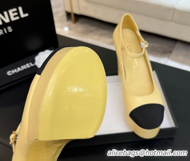 Buy New Cheap Chanel Calfskin & Grosgrain Platform Mary Janes Pumps 11cm with Strass Buckle Yellow 2025 G46434