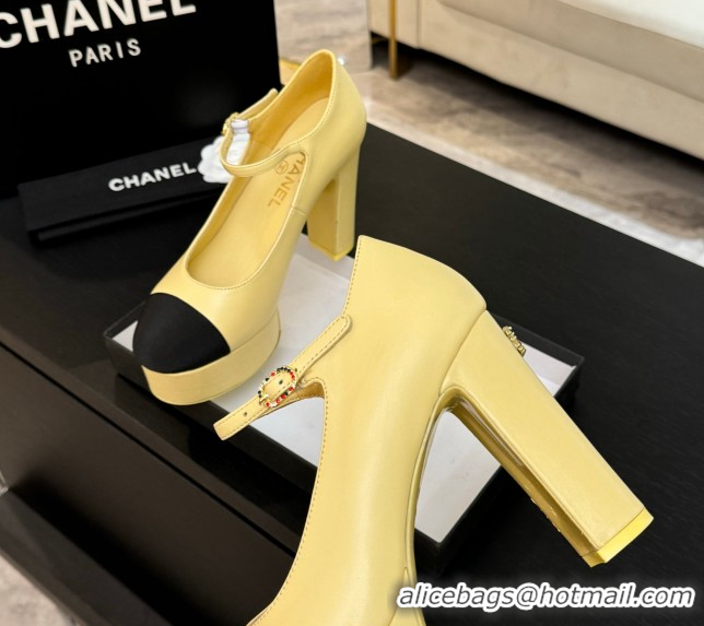 Buy New Cheap Chanel Calfskin & Grosgrain Platform Mary Janes Pumps 11cm with Strass Buckle Yellow 2025 G46434