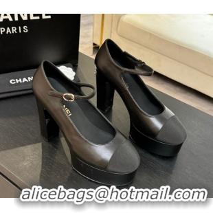 Low Cost Chanel Calfskin & Grosgrain Platform Mary Janes Pumps 11cm with Strass Buckle Black 2025 G46434