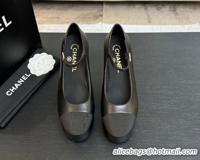 Low Cost Chanel Calfskin & Grosgrain Platform Mary Janes Pumps 11cm with Strass Buckle Black 2025 G46434