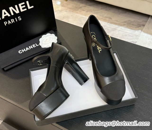 Low Cost Chanel Calfskin & Grosgrain Platform Mary Janes Pumps 11cm with Strass Buckle Black 2025 G46434